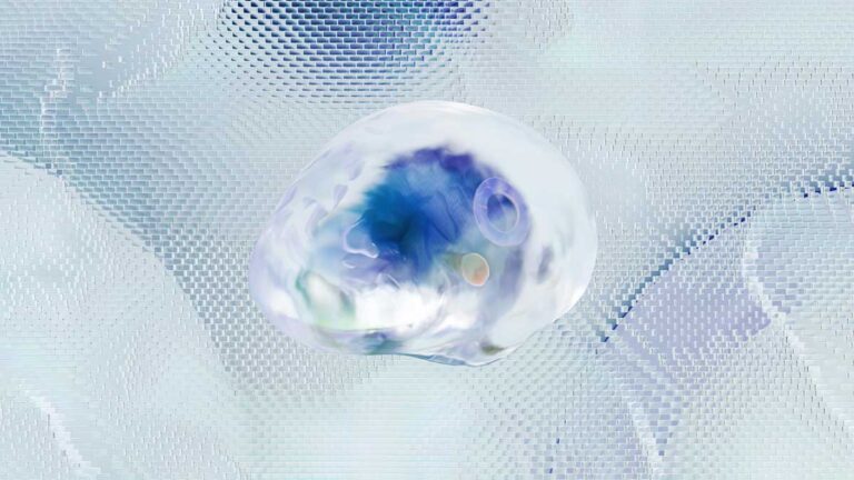 Iridescent soap bubble floating against a textured, blue digital background, perfect for New Startup pitches to VCs.