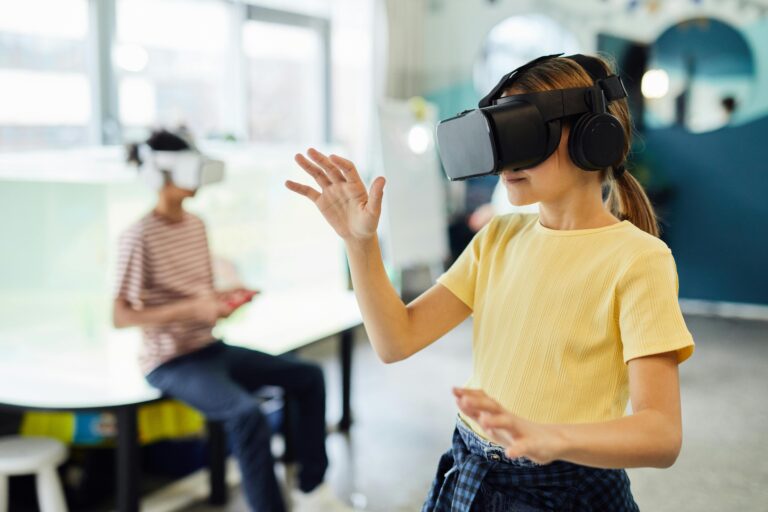 A person experiencing virtual reality with a vr headset and headphones, gesturing with hands while engaged in an interactive simulation focused on the Future of Work as another individual in the background seems to be waiting for their