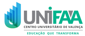 Logotipo de UNIFAA, Centro Universitário de Valença. El diseño incluye una "U" estilizada en degradado azul y verde a la izquierda. A la derecha, "UNIFAA" está escrito en gris y verde. Debajo figuran las palabras "Centro Universitário de Valença" y "Educação que Transforma".