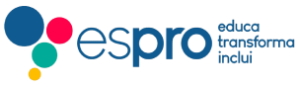Logo of Espro, featuring three overlapping circles in blue, red, and green on the left. The text "espro" appears in blue with the tagline "educa transforma inclui" in smaller blue font to the right.