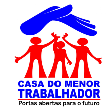 Logotipo de la Casa do Menor Trabalhador. Presenta tres figuras humanas rojas que levantan los brazos bajo dos grandes manos azules estilizadas situadas sobre ellas. Debajo, el texto reza: "CASA DO MENOR TRABALHADOR" con el subtítulo "Portas abertas para o futuro.