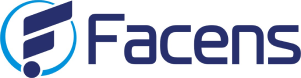 Un logotipo con el texto "Facens" en negrita y letras azul oscuro. A la izquierda del texto, hay un gráfico circular estilizado con colores azul y blanco.