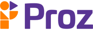 A logo featuring an abstract figure in orange on the left, created using geometric shapes with a triangle and circle resembling a person. The word "Proz" is written in bold purple letters next to the figure.