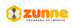 Un logotipo con un símbolo de abeja hexagonal amarillo a la izquierda, con una abeja blanca y negra con alas. A la derecha, el texto "Zunne" en negrita, en letras degradadas de naranja a amarillo, y debajo, en texto negro más pequeño, se lee "Programa de Impacto.
