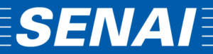 The image shows a blue rectangular logo with the white text "SENAI" in bold, uppercase letters.