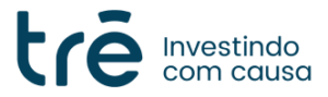 Logotipo con la palabra "trê" en minúsculas, con una tilde sobre la "e". A la derecha de "trê" aparece el texto "Investindo com causa" en letra más pequeña. El diseño utiliza un tipo de letra azul sobre fondo transparente.