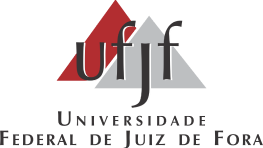 El logotipo muestra "UFJF" en letras blancas y rojas en negrita sobre un fondo de dos triángulos superpuestos, uno rojo y otro gris. Debajo de los triángulos, el texto reza "Universidade Federal de Juiz de Fora.