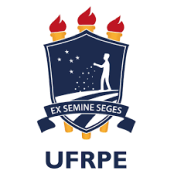 Logotipo de la Universidad Federal Rural de Pernambuco (UFRPE). Presenta un escudo con una persona sembrando semillas bajo un cielo estrellado, tres antorchas sobre el escudo y una cinta azul con la frase en latín "Ex Semine Seges". Debajo del escudo figura la sigla UFRPE.