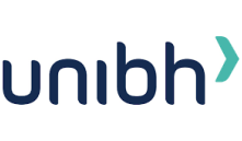 Logotipo con el texto "unibh" en minúsculas de color azul, seguido de una forma abstracta en forma de flecha de color cian que apunta hacia la derecha. El fondo es blanco.