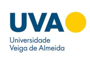 Logotipo de la Universidad Veiga de Almeida (UVA). El texto "UVA" aparece en negrita en azul oscuro junto a un gran círculo amarillo. Debajo, en letras más pequeñas de color azul oscuro, se lee "Universidade Veiga de Almeida.
