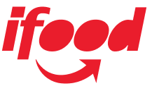 The image shows the iFood logo. The logo features the word "iFood" in bold red letters. An arrow curves upward from the second "o" in "food," looped back below the "d," creating a smile-like shape. The background is white.