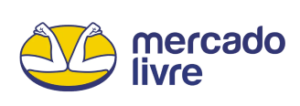 The logo features two white arms and fists raised in a handshake shape over a yellow oval next to the text "mercado livre" in blue.
