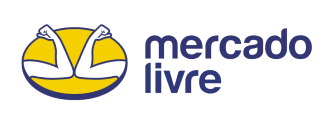 The logo features two white arms and fists raised in a handshake shape over a yellow oval next to the text "mercado livre" in blue.