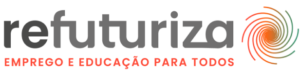 Logo with the text "refuturiza" in dark grey and "EMPREGO E EDUCAÇÃO PARA TODOS" in red beneath it. To the right, there is a multi-colored spiral design with shades of green, orange, and red.