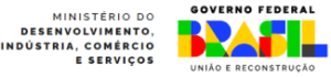 La imagen muestra el logotipo del Ministerio de Desarrollo, Industria, Comercio y Servicios de Brasil. A la derecha, aparece el logotipo del gobierno federal brasileño con formas geométricas de colores que forman la palabra "Brasil" y el lema "União e Reconstrução".