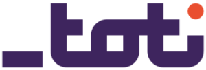 The image displays a stylized logo with the text "_toti" in bold purple lowercase letters. The second T extends to form a crossbar with large serifs, and the dot over the I is a small, filled orange circle.